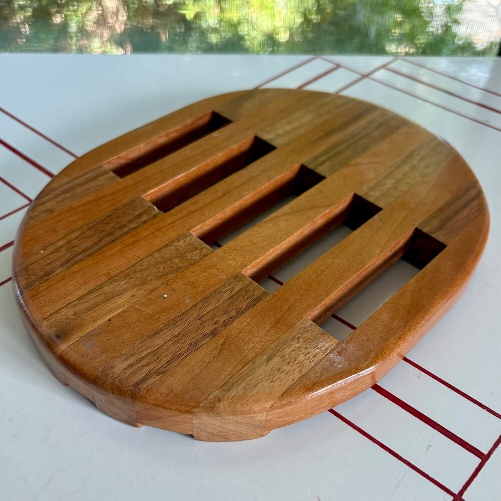 Vintage Mid Century Teak Wood Plant Stand Trivet Hot Pad 8.75” x 6.75”
